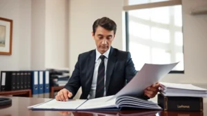 Professional attorney in business suit reviewing estate planning documents at organized desk with legal folders, calm office environment, natural lighting, serious focused expression