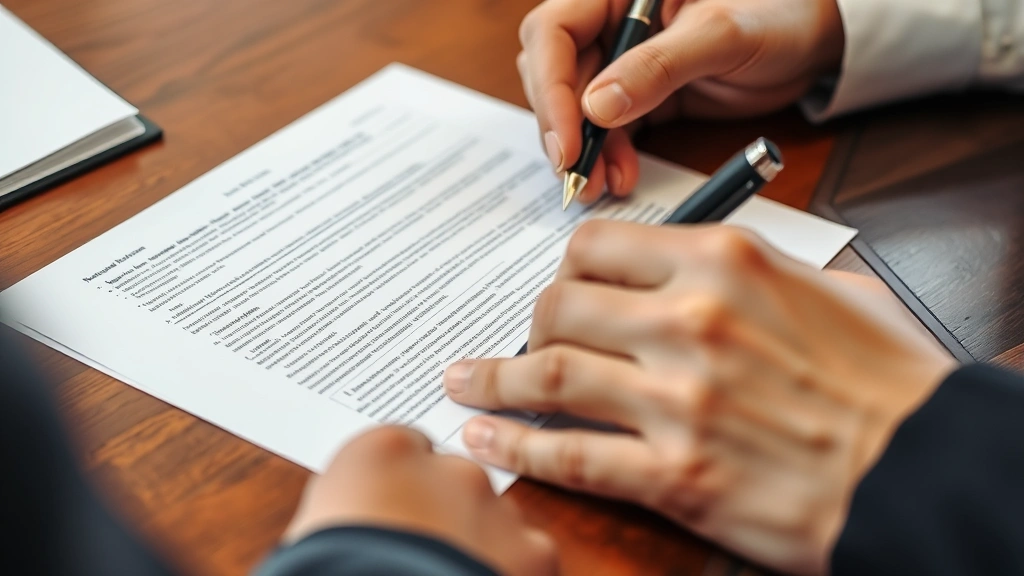 Close-up of hands signing legal will document with pen, multiple pages visible, professional notary seal and witness signatures present, formal legal setting