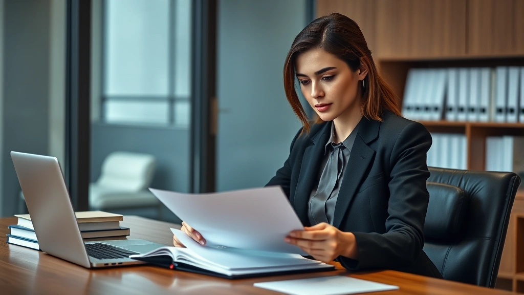Professional female lawyer in business suit reviewing legal documents at wooden desk with law books and laptop, serious focused expression, modern office setting, photorealistic