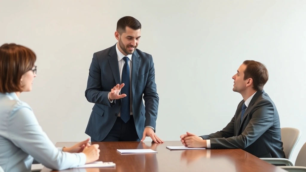 Male mediator in business attire facilitating discussion between two people at conference table with neutral background, calm professional atmosphere, photorealistic
