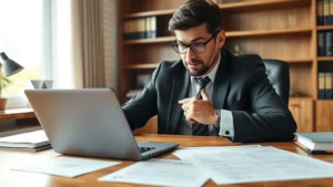 Professional lawyer reviewing trademark documents at wooden desk with laptop, legal papers, and trademark symbols visible, natural office lighting, serious focused expression