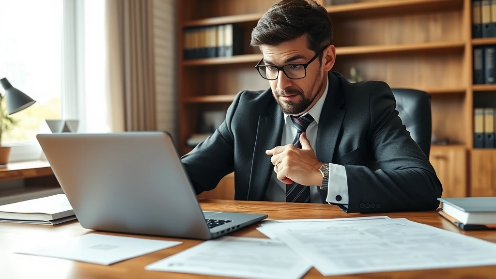 Professional lawyer reviewing trademark documents at wooden desk with laptop, legal papers, and trademark symbols visible, natural office lighting, serious focused expression