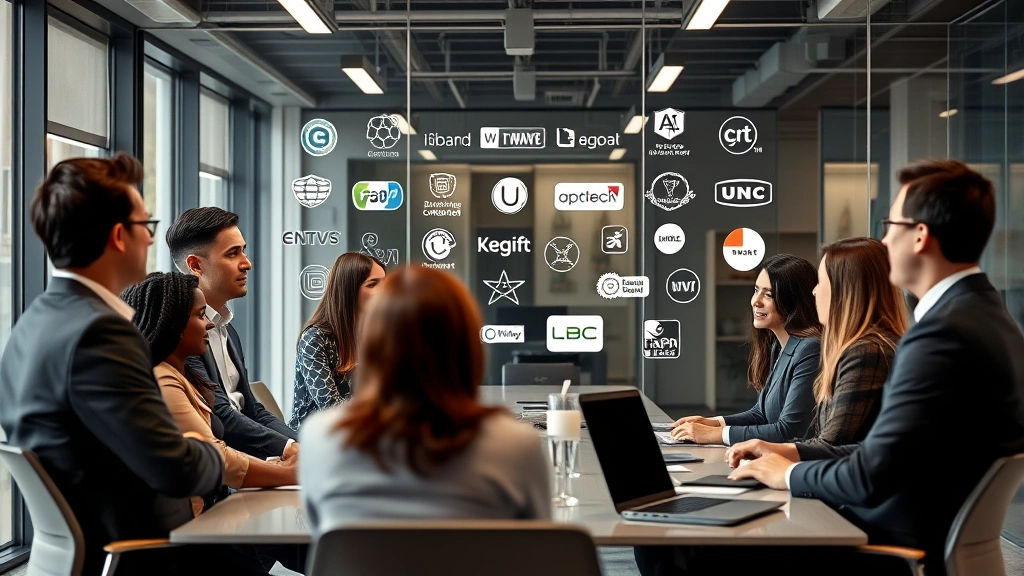 Diverse team in modern conference room discussing brand strategy with trademark logos displayed on glass whiteboard, collaborative atmosphere, professional business attire