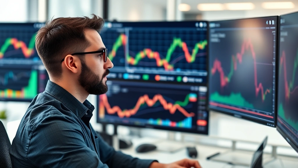 Professional cryptocurrency analyst reviewing Bitcoin price charts and adoption metrics on multiple monitors in modern office environment, focused expression analyzing data patterns