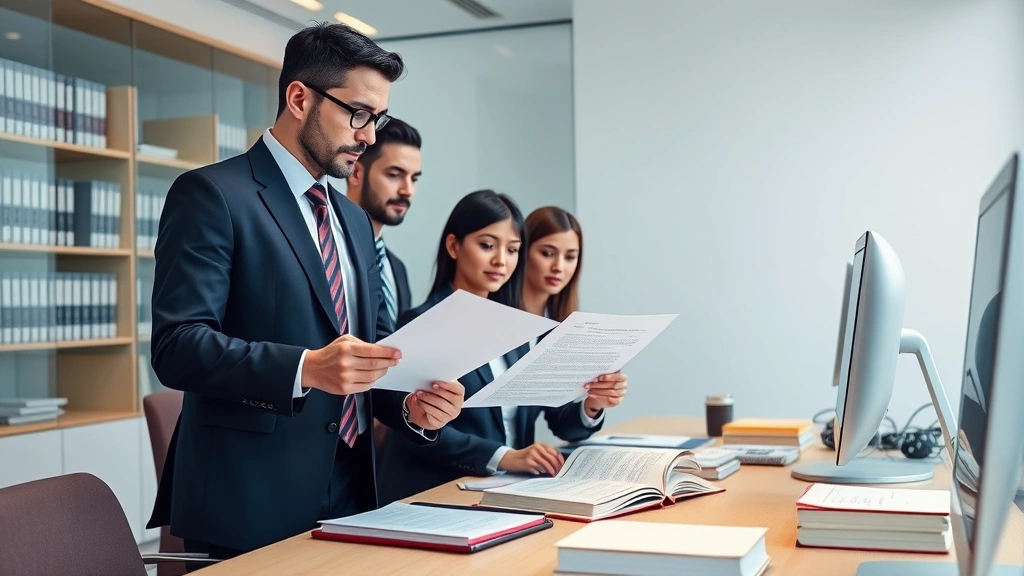 Regulatory compliance officers in formal business attire reviewing cryptocurrency regulations and legal documents in contemporary law office with visible legal books and computers