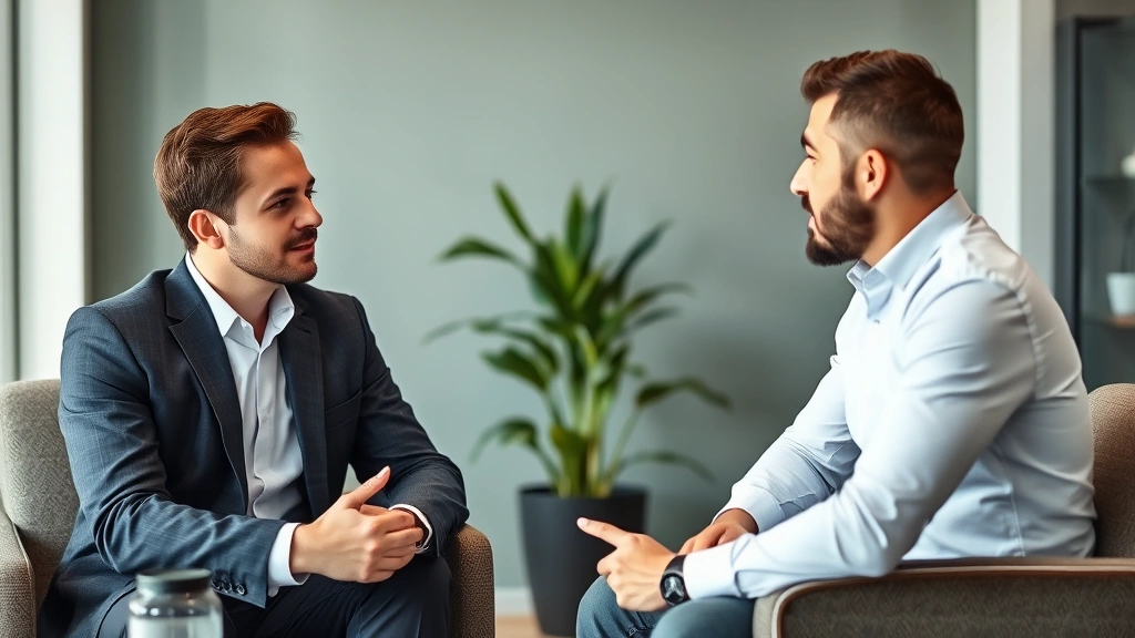 Financial advisor meeting with client in professional office setting, discussing investment strategy and risk factors related to digital assets, neutral background