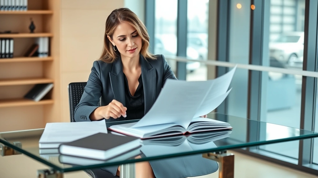 Professional female lawyer in business attire reviewing contracts at a modern glass desk with law books, confident expression, contemporary office setting with natural light