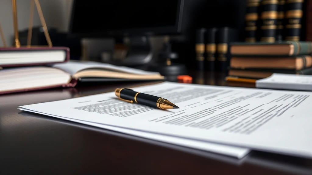 Close-up of legal documents and contracts with pen on desk, professional workspace with law books and computer, neutral professional environment, no visible text on documents