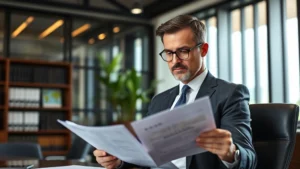 Professional securities attorney reviewing investment documents in modern law office, wearing business attire, studying papers with analytical expression, natural lighting from windows, contemporary office environment