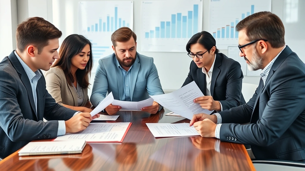 Diverse investors in business meeting reviewing prospectus and financial statements together, sitting at conference table, examining documents carefully, professional setting with charts visible