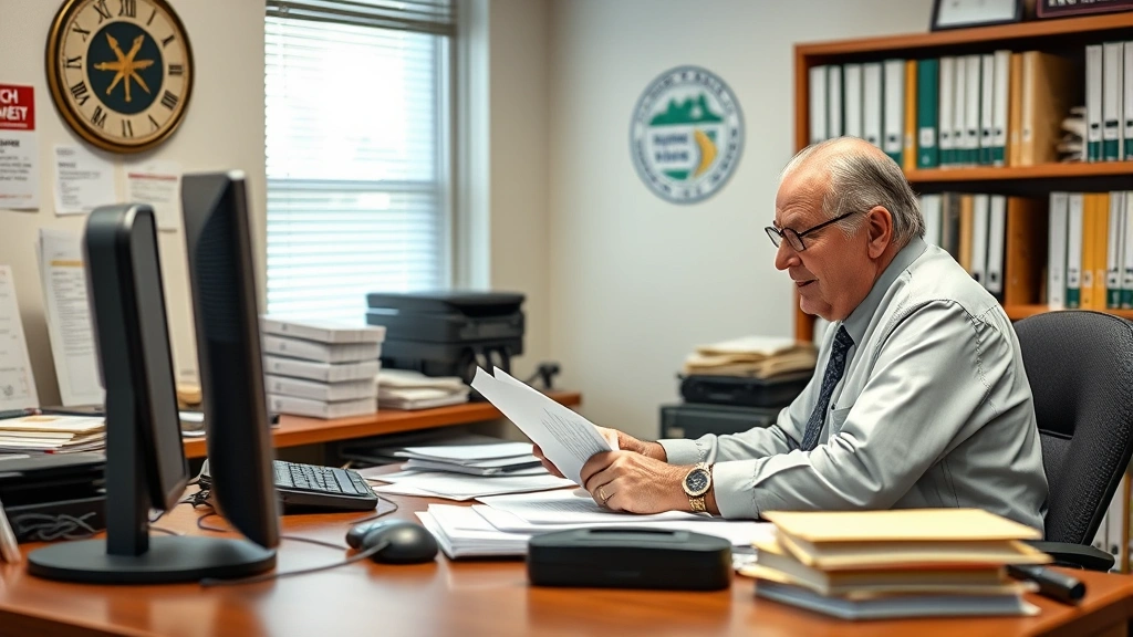 State securities administrator or regulator at desk processing registration applications and compliance files, organized office with filing systems, reviewing documentation thoroughly with focused expression