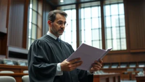 Professional judge in robes reviewing legal documents in a modern courtroom, studying evidence with focused expression, natural lighting from tall windows, photorealistic