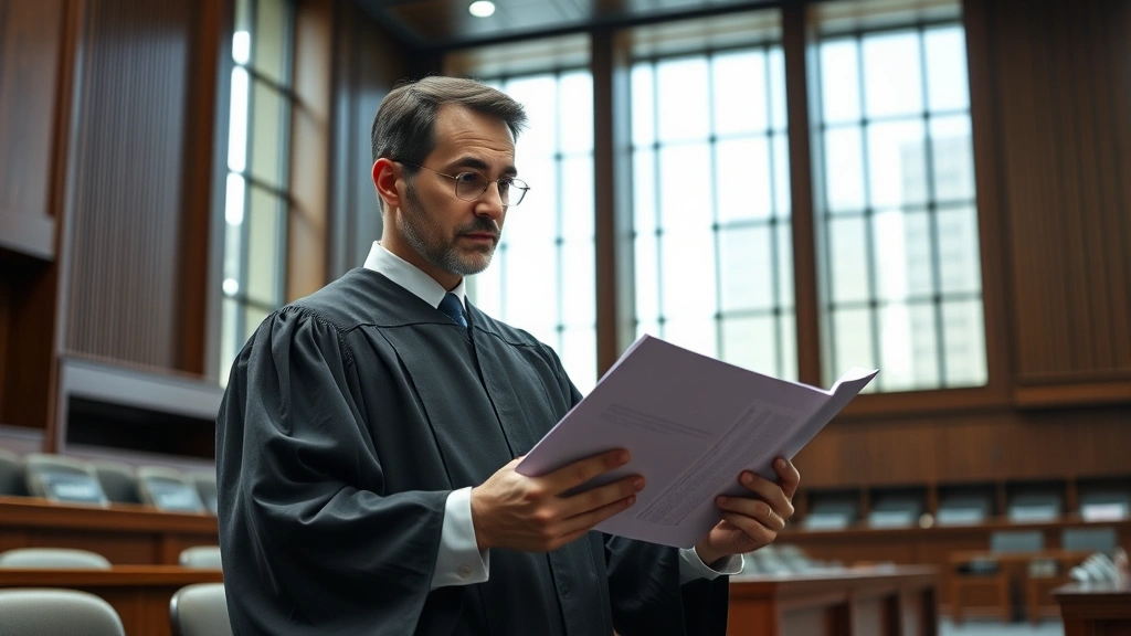 Professional judge in robes reviewing legal documents in a modern courtroom, studying evidence with focused expression, natural lighting from tall windows, photorealistic