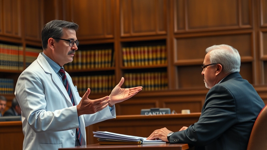 Expert witness providing testimony in courtroom, gesturing while explaining technical evidence to attentive judge, professional setting with law books visible in background, photorealistic