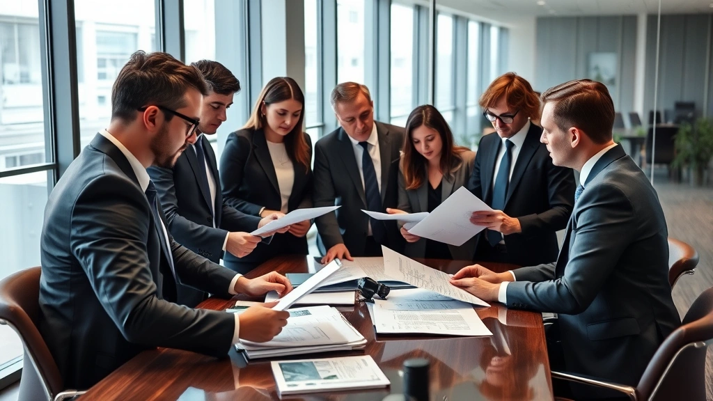 Legal team in conference room analyzing case files and evidence, multiple professionals reviewing documents and discussing strategy, contemporary office environment with glass walls, photorealistic