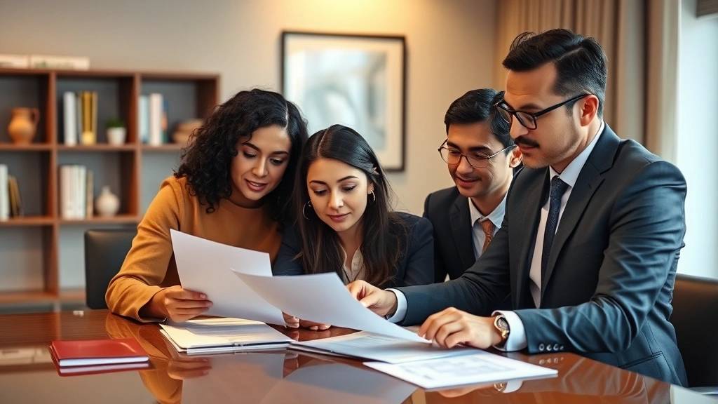 Professional family lawyer meeting with bilingual clients reviewing Spanish-English legal documents at modern office desk, warm lighting, authentic multicultural setting