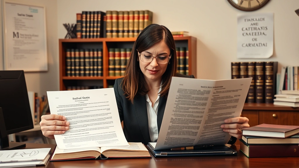 International notary or translator comparing English and Spanish legal documents side by side, professional workspace with law books and translation resources visible