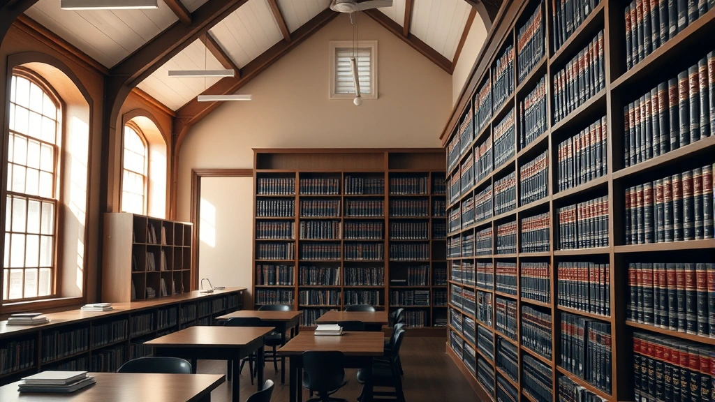 Professional law library interior with wooden shelves, leather-bound law books, study tables, natural light from windows, serious academic atmosphere, no people visible, realistic photography