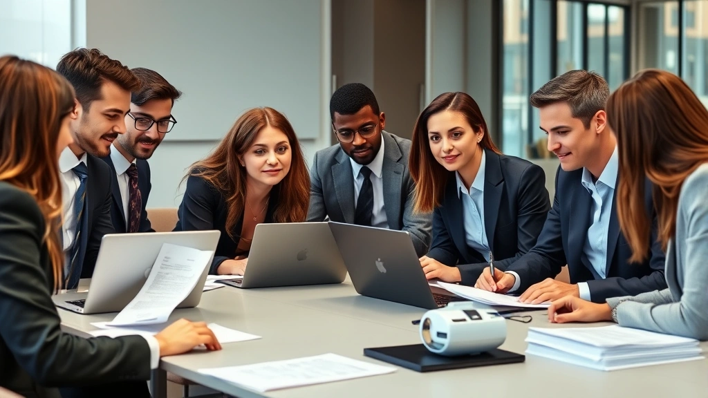 Diverse group of law students in professional business attire collaborating around a conference table with laptops and legal documents, modern classroom setting, focused and engaged expressions, photorealistic