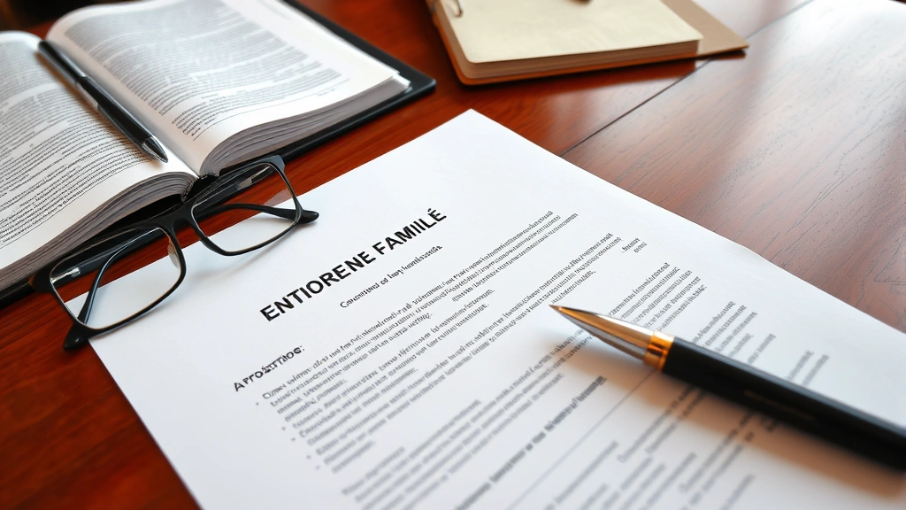 Professional Spanish-language legal document showing family relationship terminology, papers on mahogany desk with reading glasses and pen, warm office lighting, no visible text on documents
