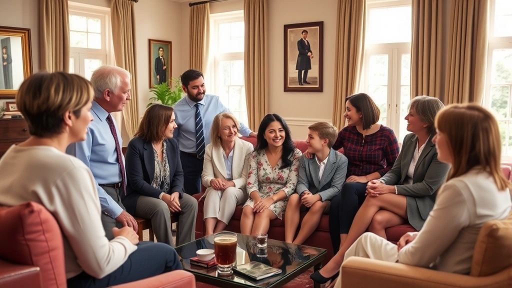 Diverse multigenerational family gathering in formal living room setting, adults and young people conversing naturally, warm natural lighting through windows, professional attire