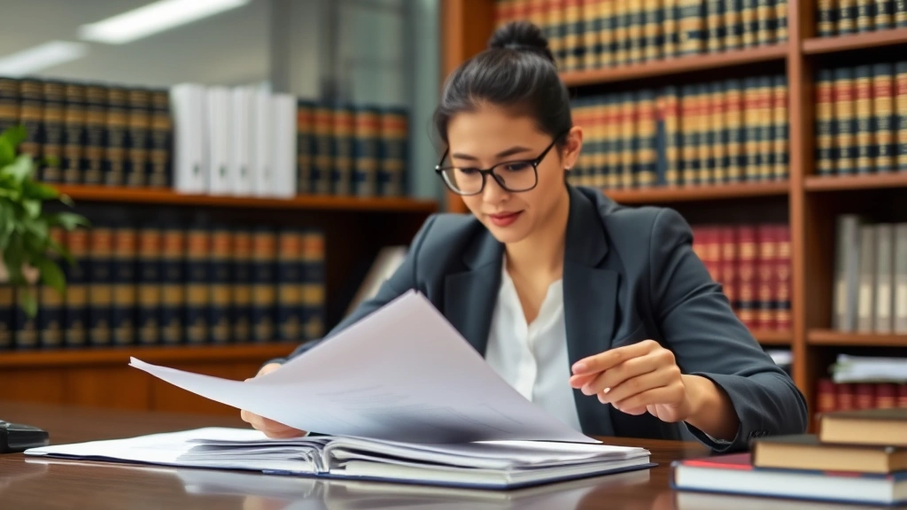 Bilingual legal professional reviewing documents at desk with both English and Spanish text visible in background blur, focused work environment, professional office setting with law books on shelves