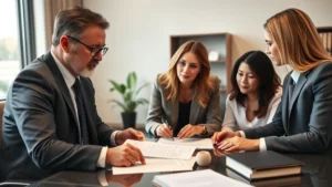 Professional family law attorney in modern office reviewing estate planning documents with clients, focused serious expression, natural lighting, legal books and documents visible on desk