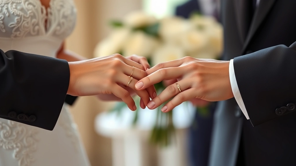 Close-up of hands exchanging wedding rings during ceremony, symbolizing creation of in-law relationships, soft natural lighting, elegant and formal atmosphere