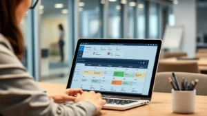 Professional HR manager reviewing employee schedules and break policies on a laptop in a modern office setting, showing calendar and timekeeping system on screen