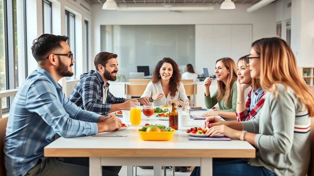Diverse group of employees enjoying lunch break together in a bright, clean break room with tables and comfortable seating, relaxed and away from work area