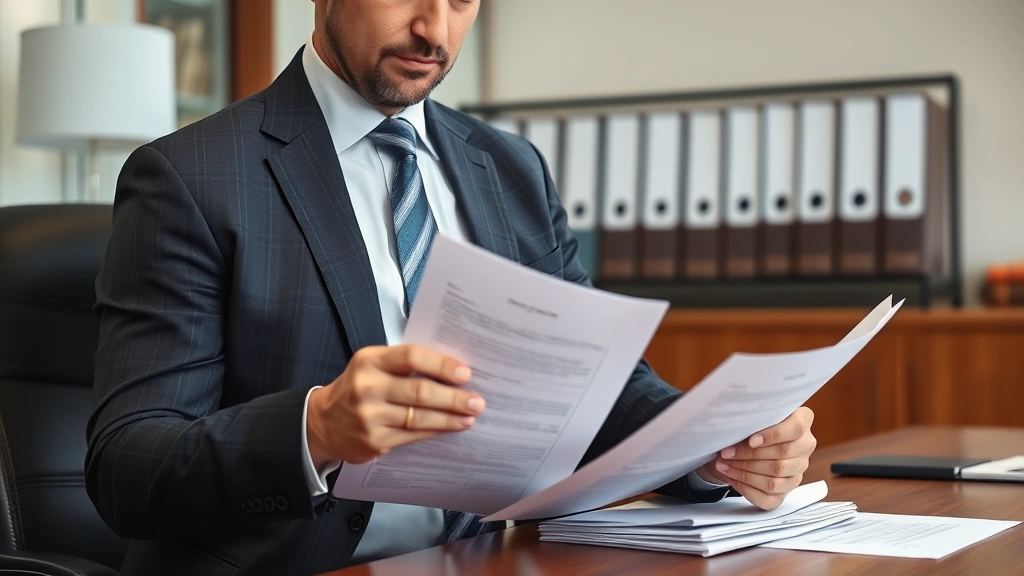 Employment law attorney in professional business attire reviewing labor code documents and compliance records in a law office, focused and serious expression