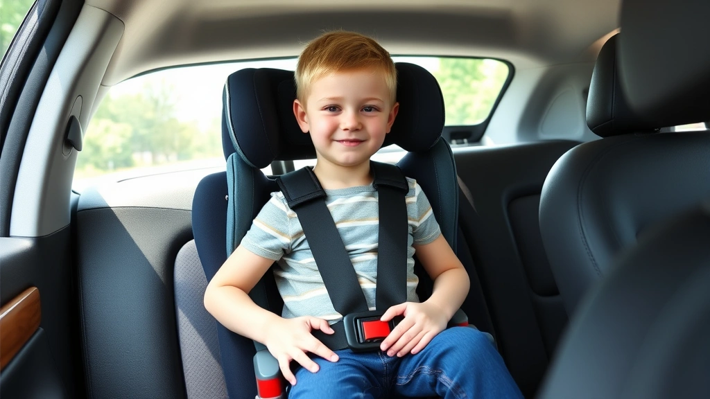 Professional photograph of a young child properly secured in a high-back booster seat in a vehicle rear seat, showing correct shoulder belt positioning across the chest and lap belt positioning across the hips, modern car interior background, natural daylight