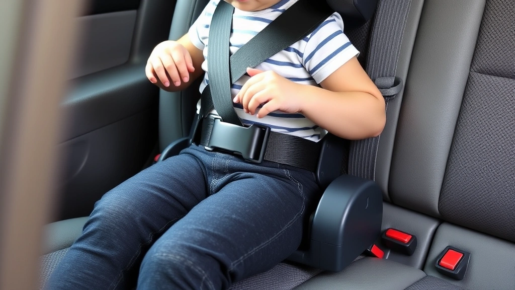 Close-up image of correct booster seat installation showing lap belt routed through guides positioned low on child's hips, shoulder belt centered across shoulder, modern vehicle seat with fabric upholstery, professional automotive safety demonstration