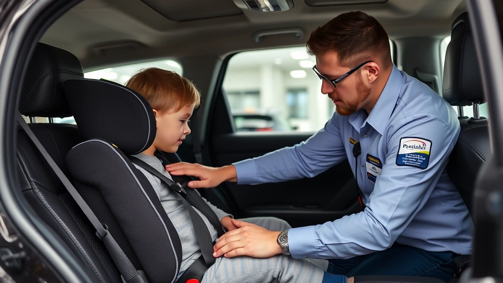 Image of certified child passenger safety technician inspecting a booster seat installation in vehicle, technician wearing professional attire examining seat positioning and belt routing, modern dealership or safety center environment, professional lighting