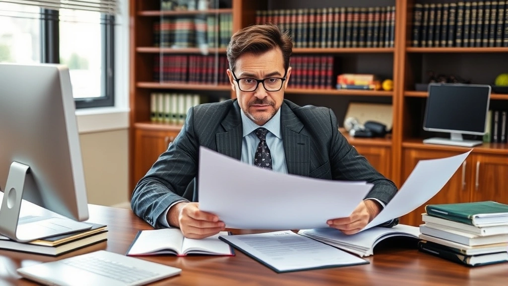 Professional attorney in business suit reviewing case documents at wooden desk in modern law office with legal books and computer visible in background, serious focused expression