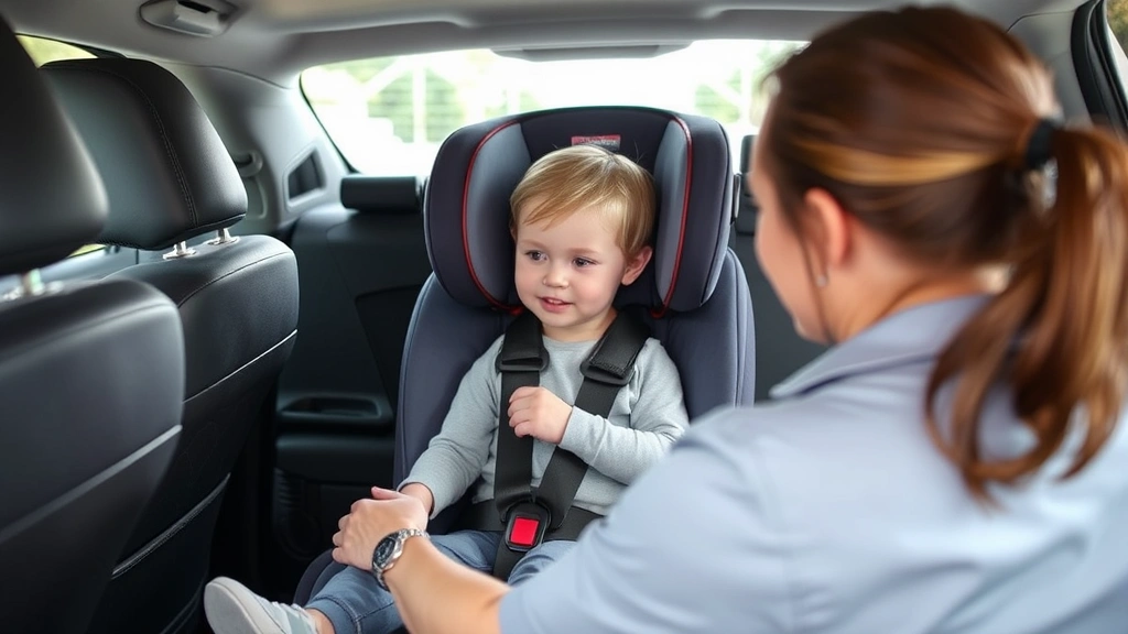 Certified child passenger safety technician inspecting a forward-facing car seat installation in vehicle backseat, checking harness straps and belt routing, professional inspection tools visible, modern vehicle interior