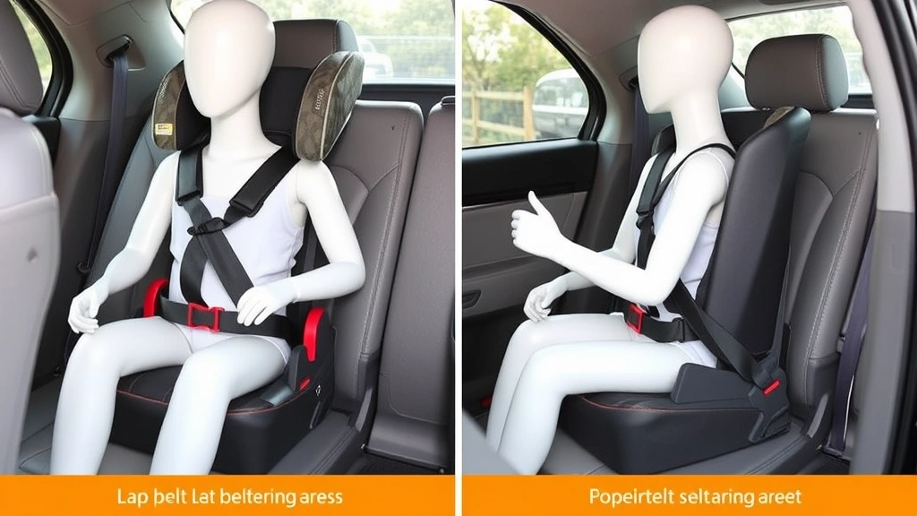 Booster seat properly installed in vehicle with child-sized mannequin, showing correct lap belt positioning across hips and shoulder belt across chest, side view demonstrating proper seat elevation, clear visibility of belt routing