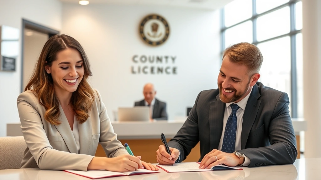 Professional couple signing marriage license documents at county clerk office with official in background, modern government building interior, natural lighting, both smiling and focused on paperwork