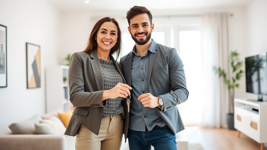 Diverse unmarried couple holding a key to a new home, standing in bright living room with natural light, both smiling confidently, professional casual clothing, modern interior background