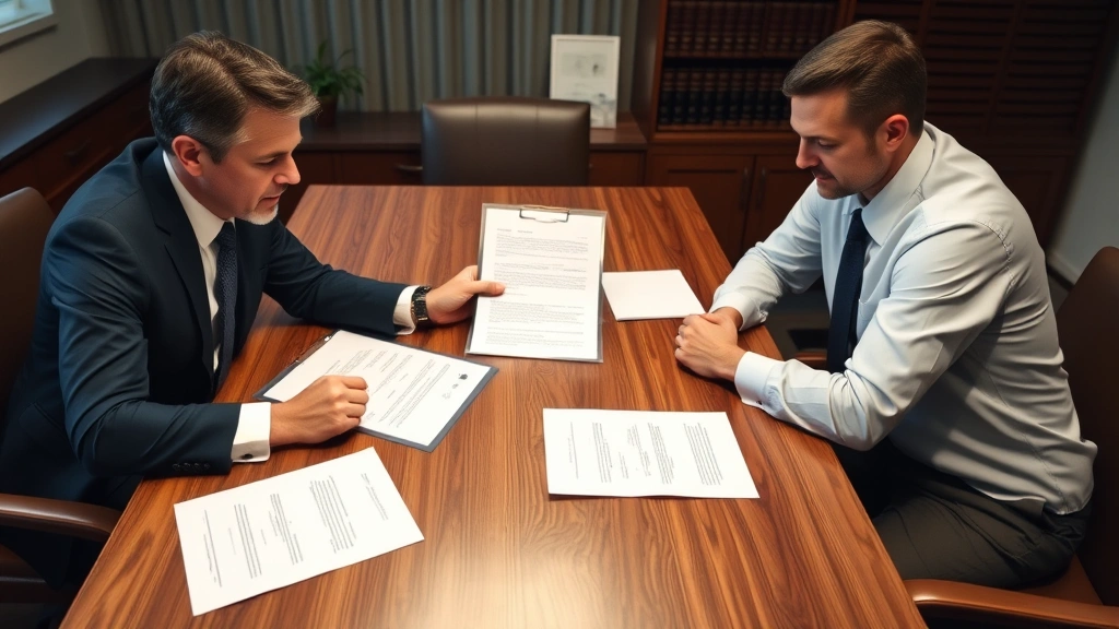 Estate planning attorney meeting with unmarried couple reviewing legal documents and trust papers at wooden conference table, law office setting, serious professional atmosphere