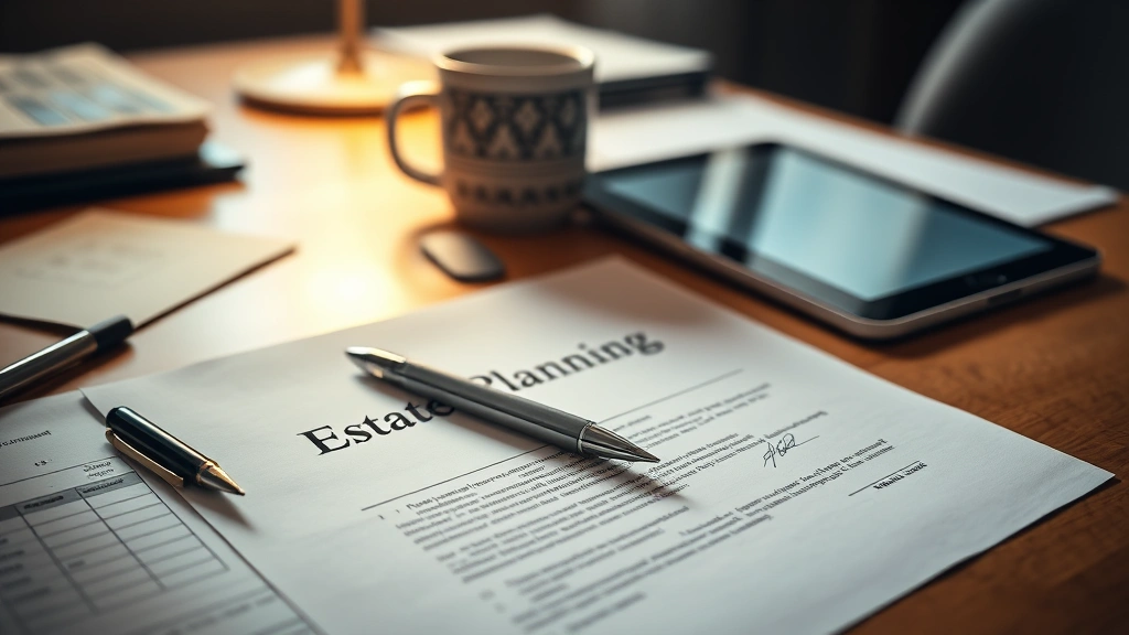 Estate planning document on desk with pen, coffee cup, and tablet showing digital signature, warm office lighting, organized professional workspace, close-up perspective