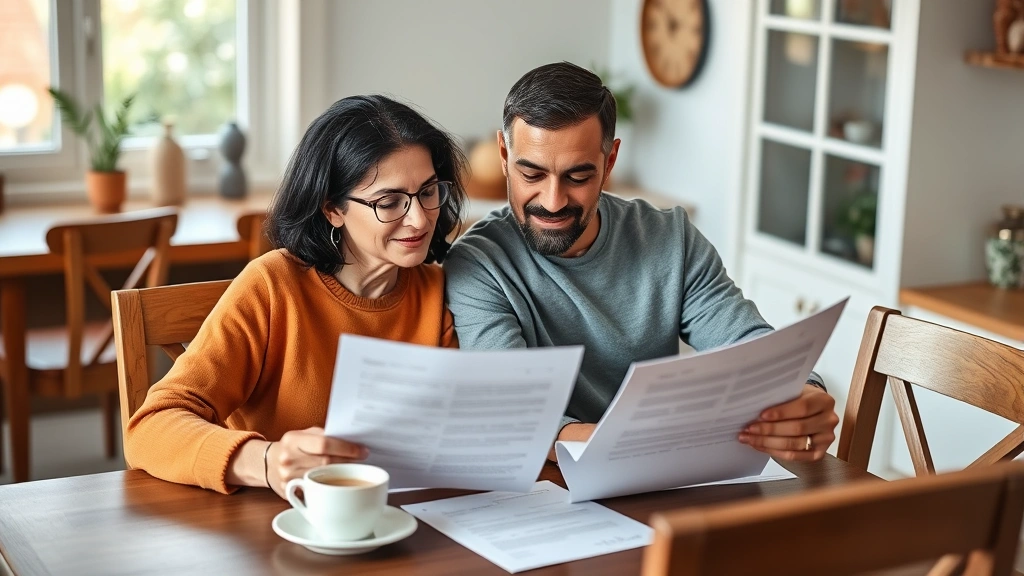 Diverse couple reviewing healthcare directive and power of attorney documents together at home, sitting at dining table with coffee, natural daylight, looking at papers thoughtfully