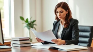 Professional female attorney in business suit reviewing legal documents at modern office desk with law books and computer, serious focused expression, natural daylight
