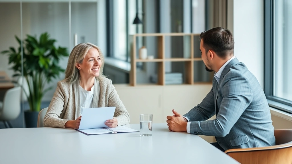 Diverse middle-aged couple sitting at mediation table with neutral mediator between them, discussing divorce settlement terms professionally, calm atmosphere in modern office
