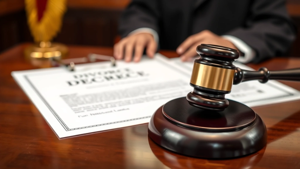 Close-up of signed divorce decree and legal papers with judge's gavel on mahogany desk, soft focus background, official courtroom setting