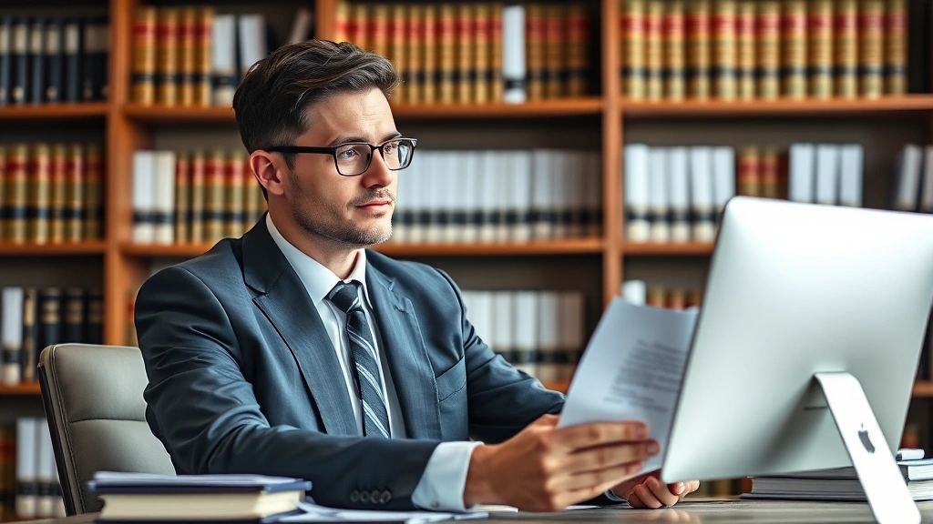 Professional male attorney in business suit reviewing documents at desk with computer, modern law office with law books in background, natural lighting, serious focused expression, high-resolution corporate photography
