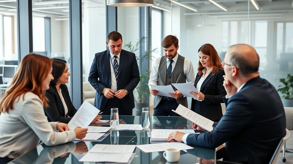 Diverse team of business professionals in modern office conference room discussing compliance documents and policies, collaborative meeting atmosphere, contemporary workspace, professional attire, natural window lighting