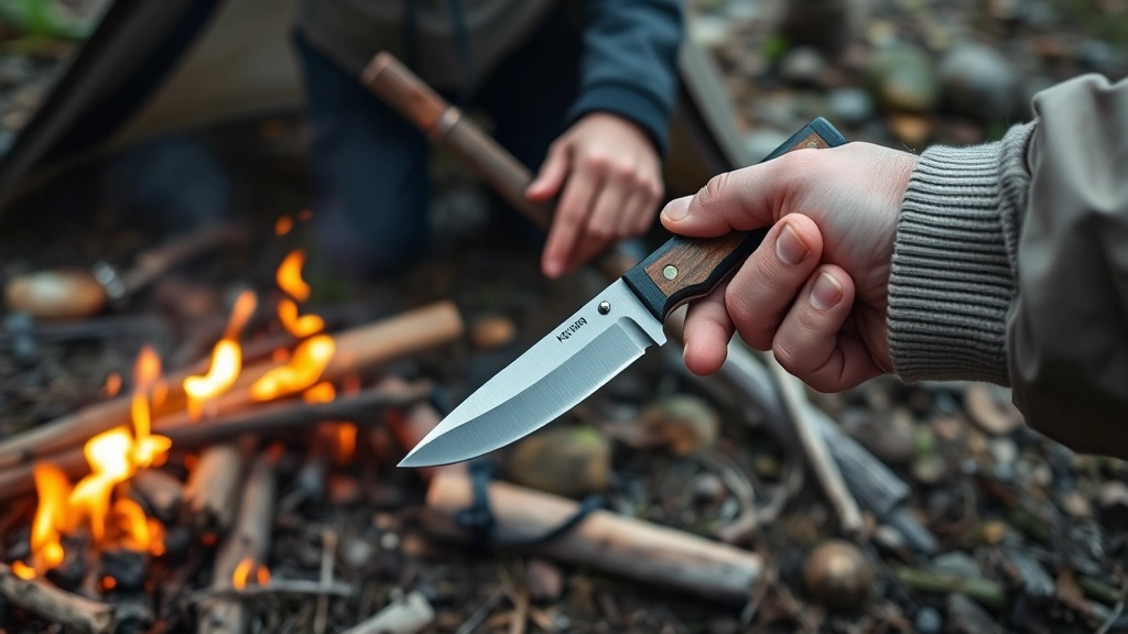 Outdoor camping scene with knife tool in use for legitimate purposes, showing proper knife handling in wilderness environment