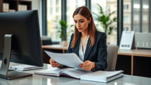 Professional female attorney in business suit reviewing legal documents at modern office desk with computer monitor, natural lighting from windows, serious focused expression, contemporary law office environment
