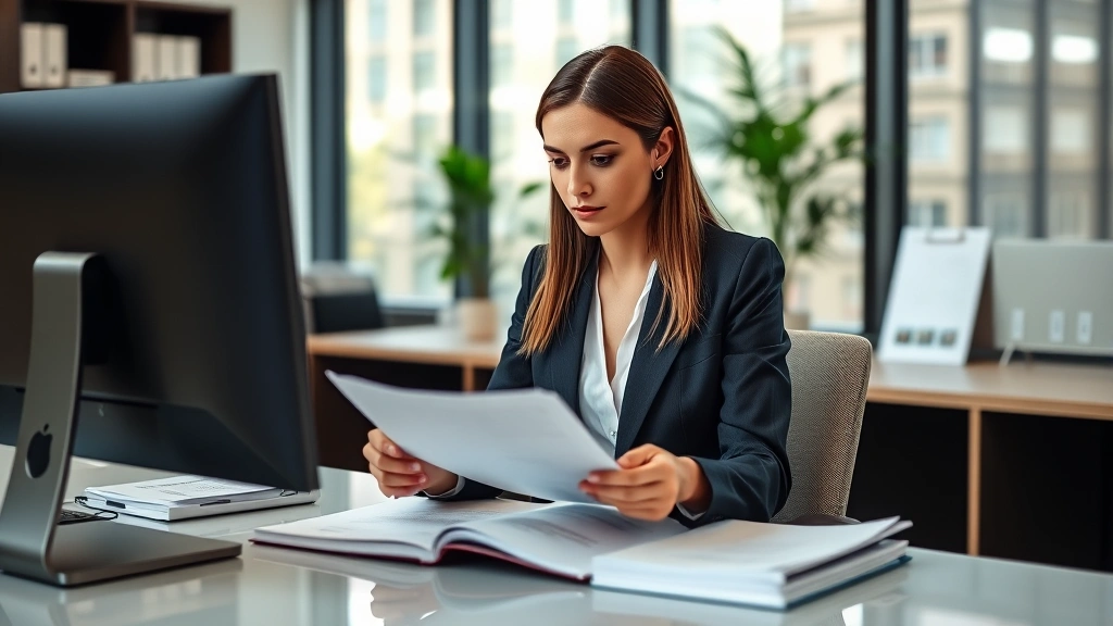 Professional female attorney in business suit reviewing legal documents at modern office desk with computer monitor, natural lighting from windows, serious focused expression, contemporary law office environment